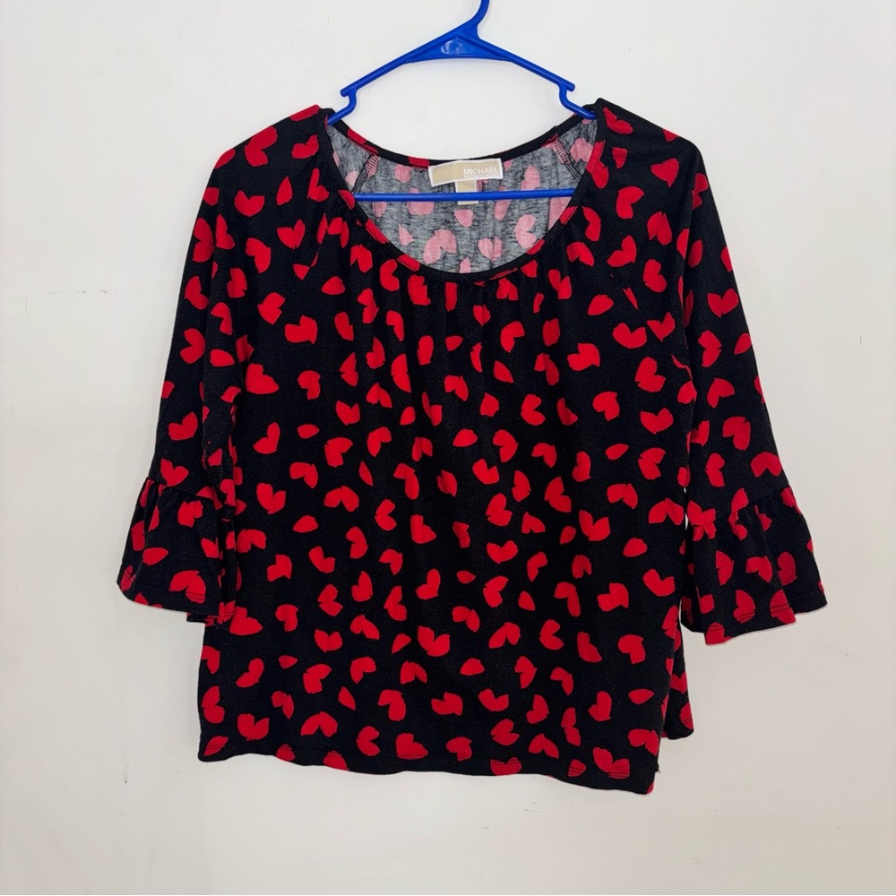 Michael Kors Heart Print Bell Sleeve Blouse Black Red Size M